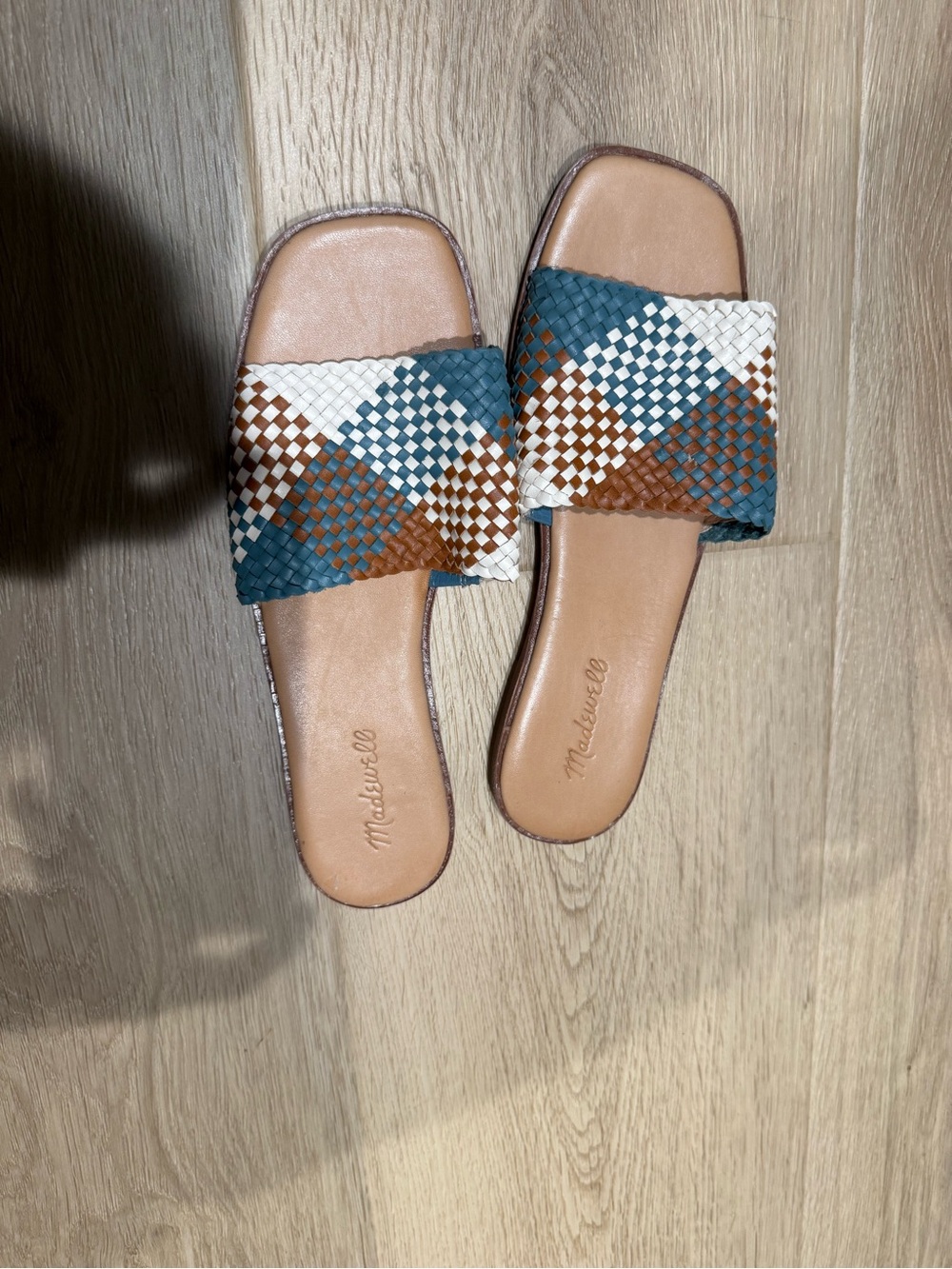 Madewell Women’s Teal Brown White Woven Slide Sandals